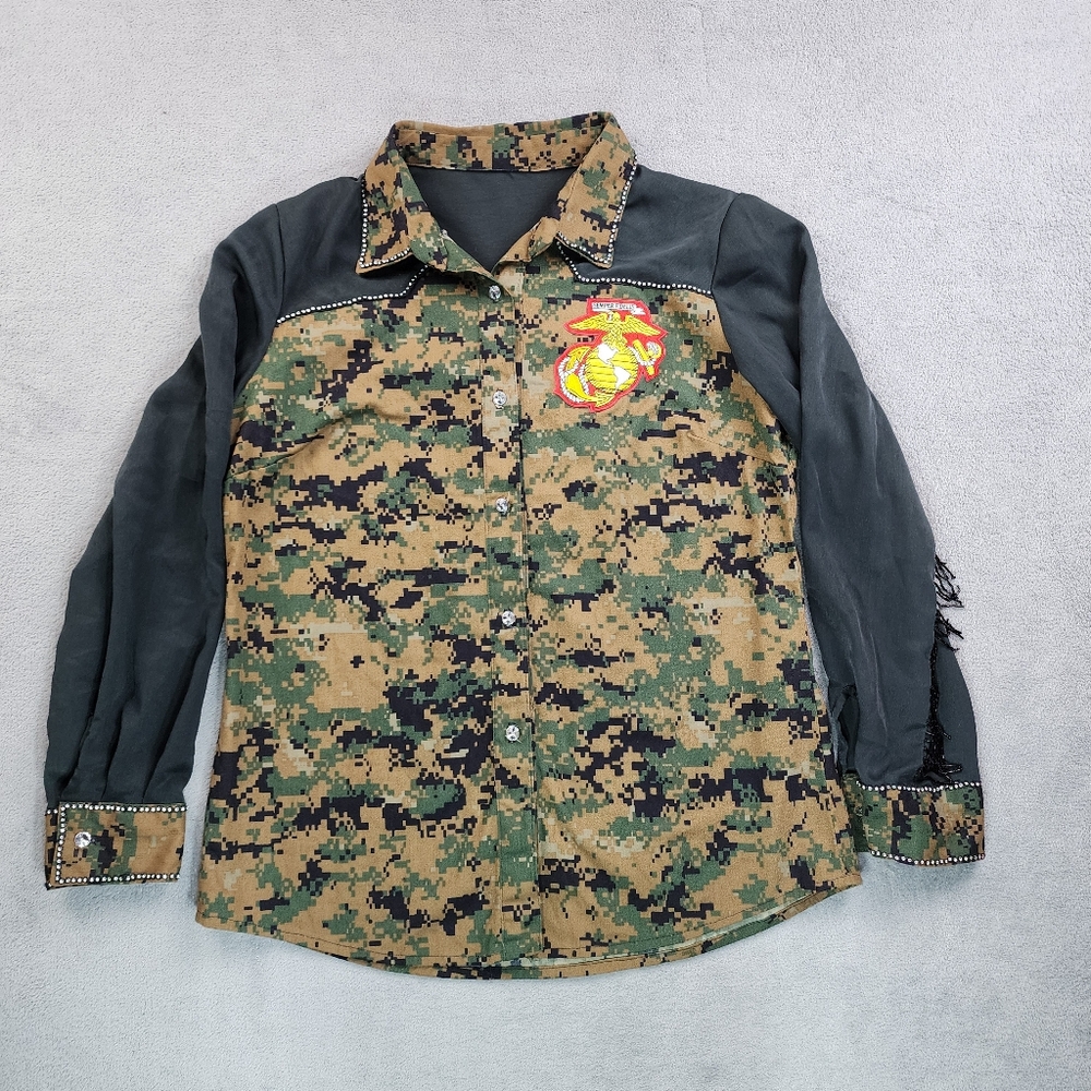 Womens Camo Shirt Medium Green Black Button Up Rhine Stones SEMPER FIDELIS Patch